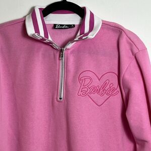BARBIE Sweatshirt Womens Medium Pink Stripes 1/4 Zip Pullover Cotton Blend SOFT